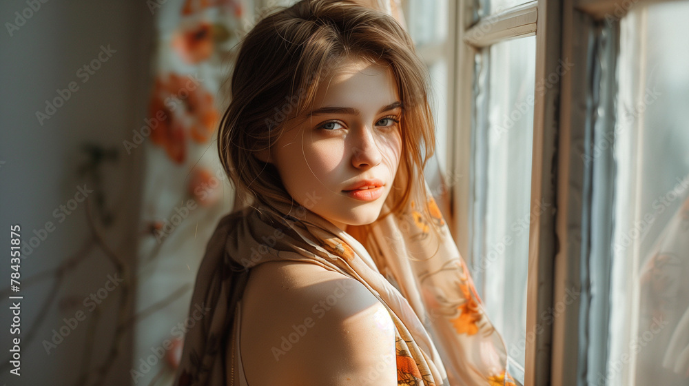 romantic morning girl standing by the window looking beautiful while the sun shines on her, she wear just a litle thin silk scarf on her shoulder romantic morning girl standing by the window looking beautiful while the sun shines on her, she wear just a litle thin silk scarf on her shoulder