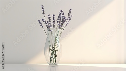 A tall, clear vase with a simple, elegant design, filled with long-stemmed lavender on a bright conservatory table