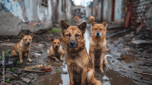 three dogs sit in muddy water next to a bunch of tires