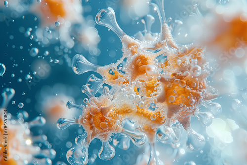 Close-up of orange transparent sea creature amidst bubbles in blue water macro wallpaper background © Spicy World