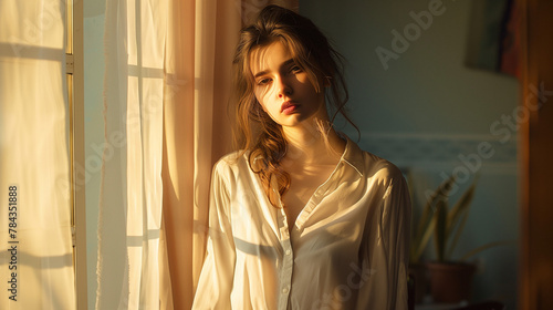 romantic morning girl standing by the window looking beautiful while the sun shines on her, she wear just a litle thin silk shirton her shoulder