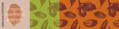 Almond seamless pattern with hand-drawn illustrations of almond nuts for web banner, oil packaging or marzipan paste label design. Vector floral sketches background, almond ornament. Natural product.
