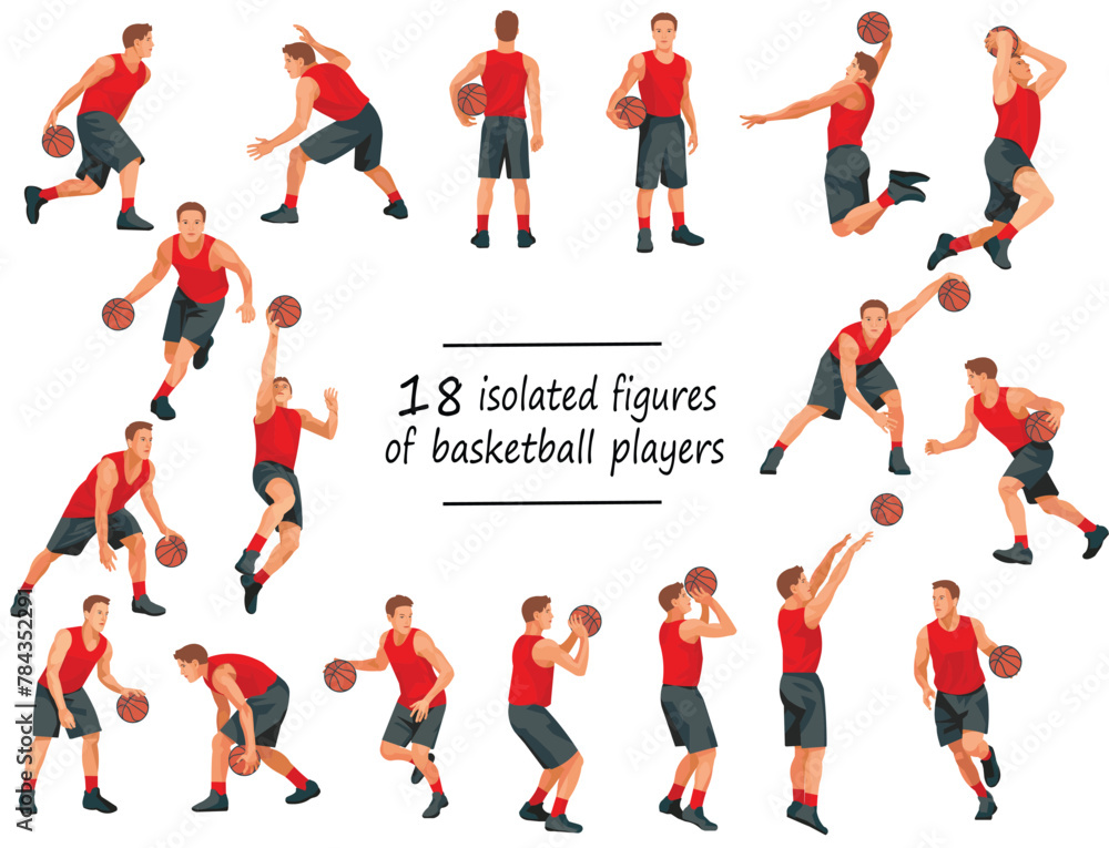 18 basketball players in red jersey standing with the ball, running, jumping, throwing, dunking, shooting, passing the ball 18 basketball players in red jersey standing with the ball, running, jumping, throwing, dunking, shooting, passing the ball