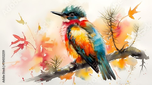 a colorful bird perched on top of a tree branch while painted by watercolor
