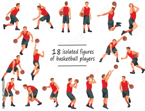 18 basketball players in red jersey standing with the ball, running, jumping, throwing, dunking, shooting, passing the ball