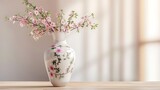 A tall, slender porcelain vase with a delicate cherry blossom design, filled with fresh sprigs of spring blossoms