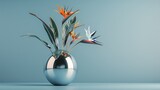 A tall, slender vase with a mirror finish, holding an arrangement of exotic birds of paradise flowers