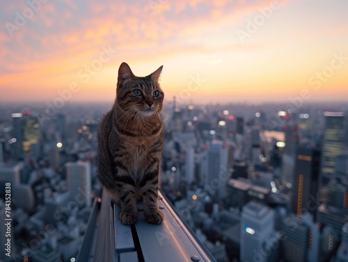 a cat is sitting on the ledge of an apartment building photo