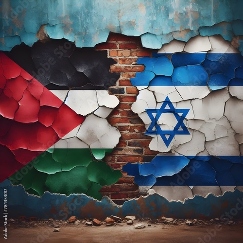 Wallpaper Mural flags of Palestine and Israel painted on a cracked concrete wall. The crack is a symbol of the conflict between the two nations. representing the destruction and devastation caused by the conflict Torontodigital.ca