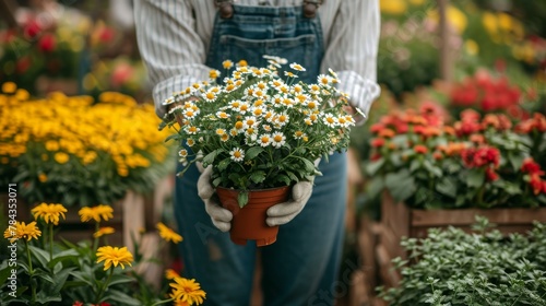 a woman standing with a pot full of flowers in a greenhouse