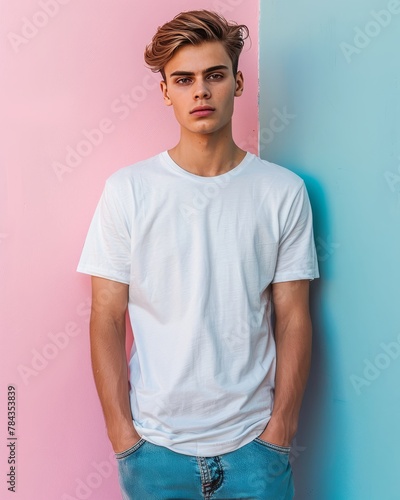 A compelling mockup featuring an attractive man confidently wearing a white blank shirt, perfect for showcasing designs © Mike