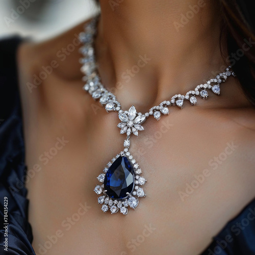 AI-generated illustration of a stunning 20ct blue sapphire with a diamond halo necklace