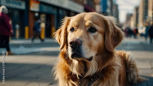 AI-generated illustration of a golden retriever dog resting on the sidewalk