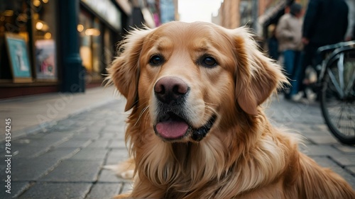AI-generated illustration of a golden retriever dog resting on the sidewalk