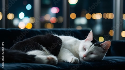 AI-generated illustration of A cat naps on a large couch photo