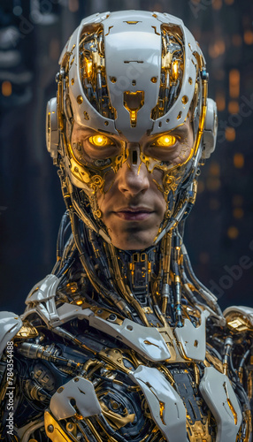 AI generated illustration of a robot with illuminated yellow eyes