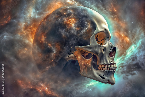 AI generated illustration of a skull floating in space with a celestial backdrop