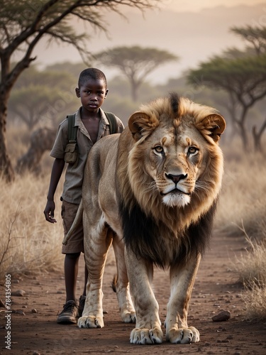 Young boy strolling with a large lion on a road, AI-generated.