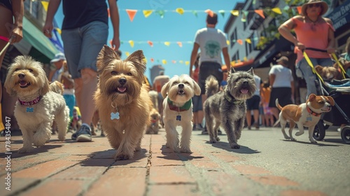 dogs on leashes walking down a street on a sunny day photo