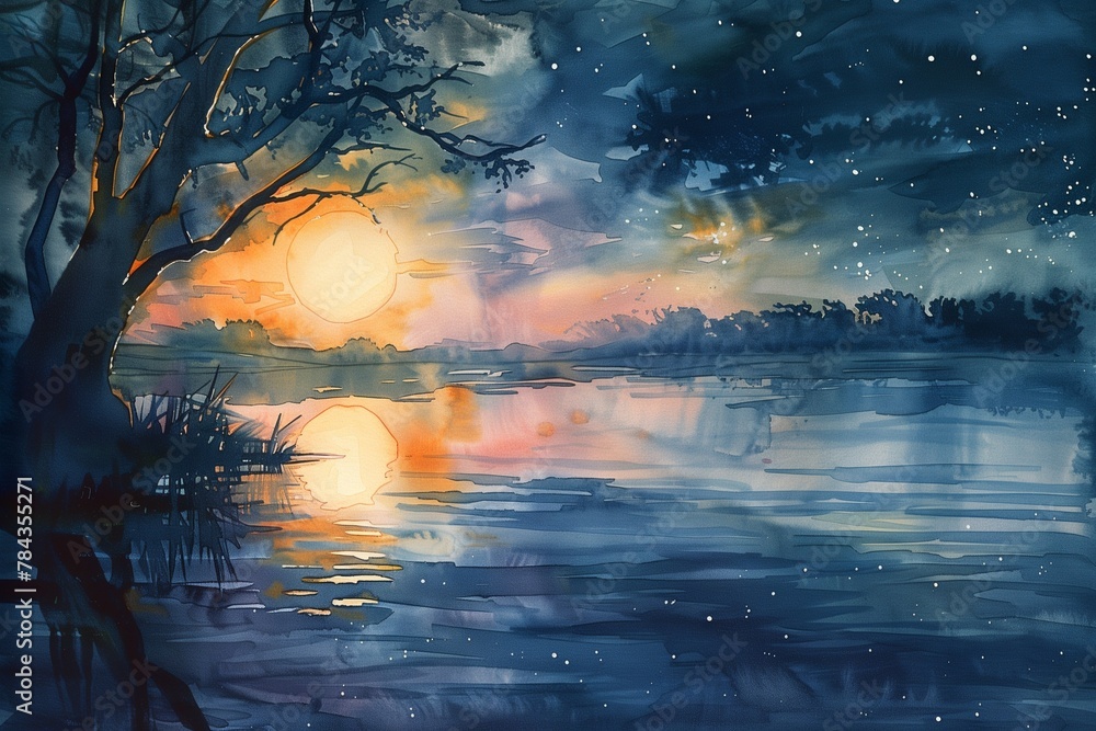 Sunset painting with water reflection on a lake, AI-generated.
