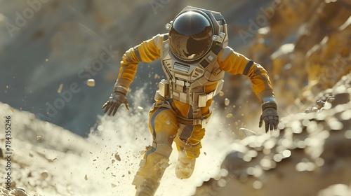 a man in a space suit and a helmet is walking on sand