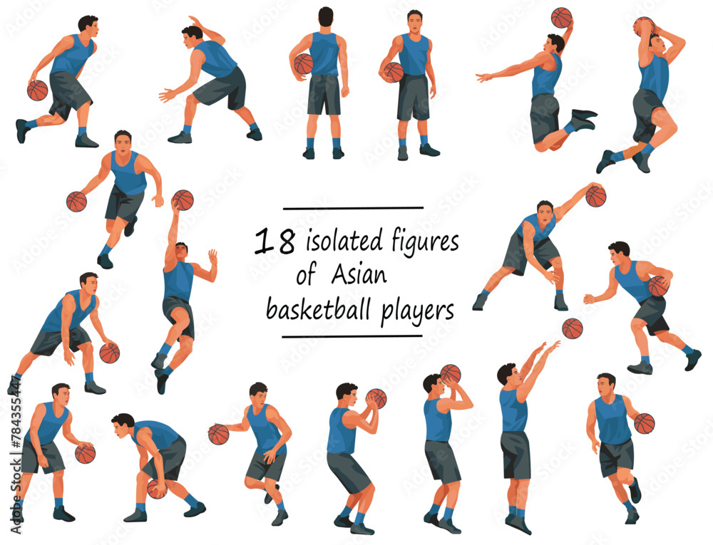 18 Thai or Japanese basketball players in blue jersey standing, running, jumping, throwing, shooting, passing the ball 18 Thai or Japanese basketball players in blue jersey standing, running, jumping, throwing, shooting, passing the ball