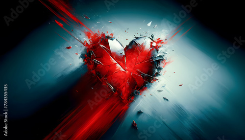 Concept of a heart shattering into more pieces. Fragmented glass heart, with numerous sharp pieces dramatically scattering across a smooth, dark surface.