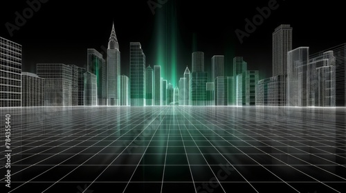 3d rendering of abstract wireframe cityscape with black background in futuristic style.