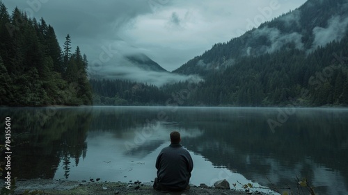 AI generated illustration of a man on the edge of an overcast lake  surrounded by misty mountains