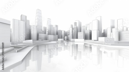 Abstract modern cityscape 3d model isolated on white background with soft reflections over ground