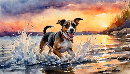 AI generated illustration of a painting of a dog running in water during sunset