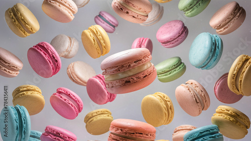 A collection of multi-colored macarons with pastel hues suspended whimsically in the air against a subtle, pale grey backdrop, forming an enchantingly dynamic and free-floating arrangement.