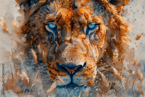 AI generated illustration of a lion portrait painting