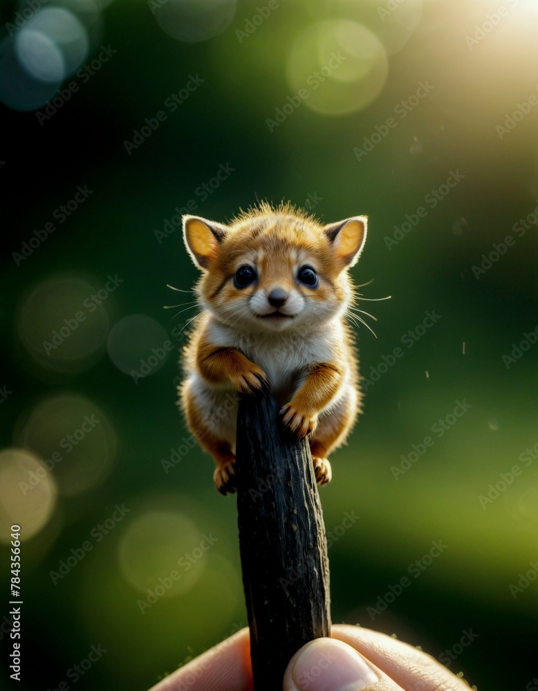 small animal with blue eyes sitting on a branch in front of someone