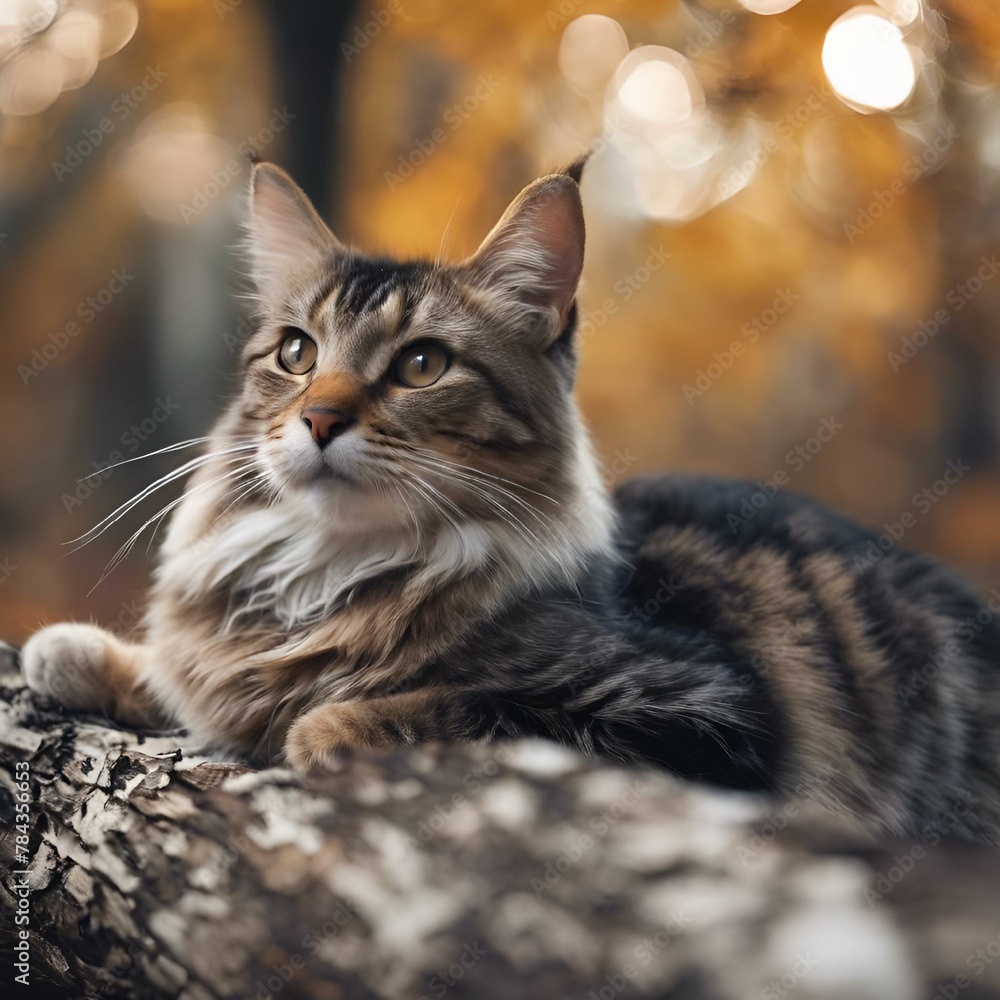 the cat is laying on the logs in the woods looking into the distance