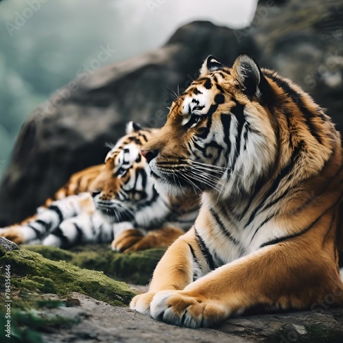 two tigers lying on the ground looking off into the distance