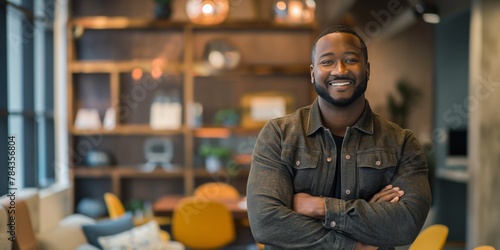 Smiling African American entrepreneur with arms crossed in a stylish co-working space.