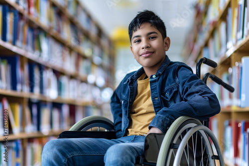 Disability Concept. A cheerful young boy in a wheelchair enjoys exploring books in a library, highlighting inclusive education environments.