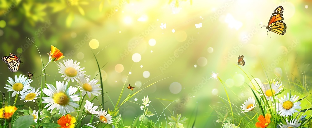 colorful green background with flowers and butterflies