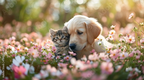 dog with its paws near a kitten laying in the flowers
