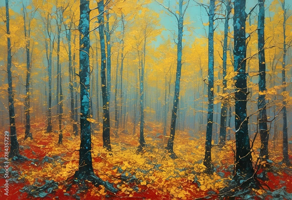 autumn leaves cover the forest floor with fall colors and the sunlight shining through the trees