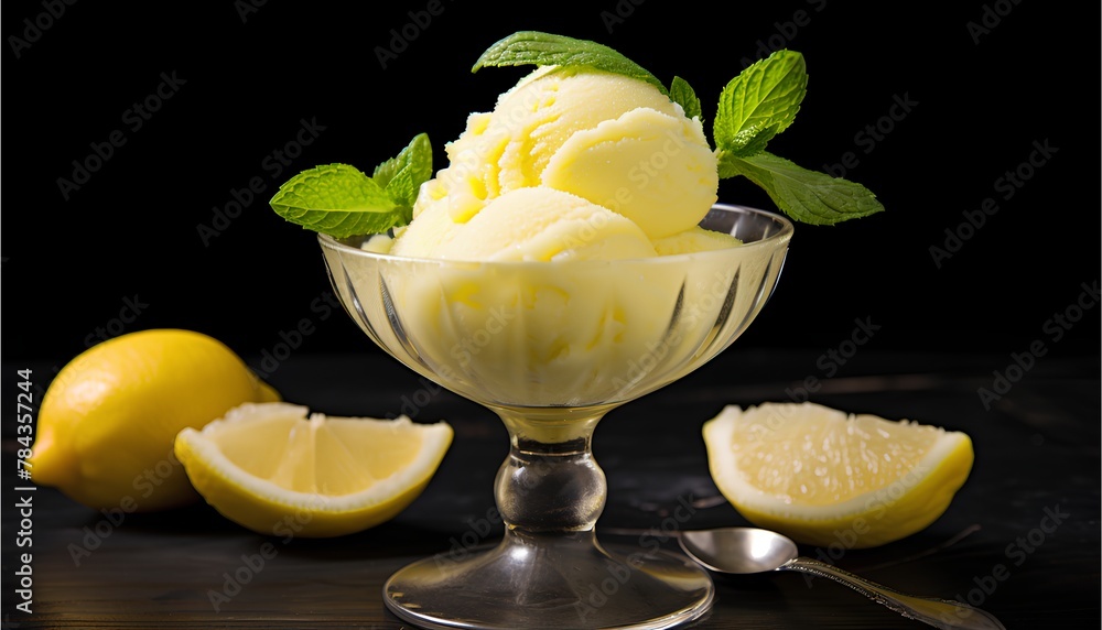 Refreshing and tangy lemon sorbet in a cup on top with mint, cinematic food dessert photography  - obrazy, fototapety, plakaty 