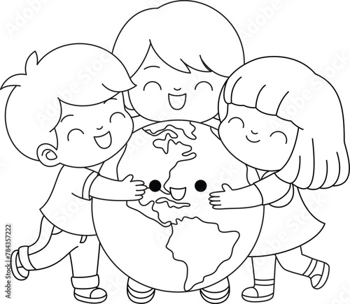 Cute kawaii eco friendly kids hug cute earth . Boy, girl caring of environment. Earth day coloring page.
