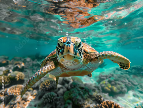 AI generated illustration of a sea turtle swimming underwater