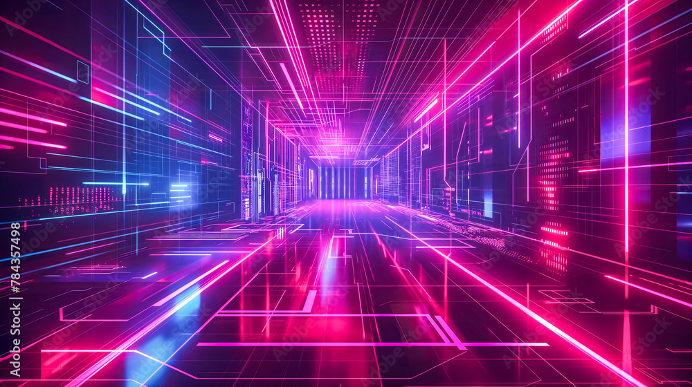 A digital corridor with neon pink and blue lights. A digital corridor with neon pink and blue lights.