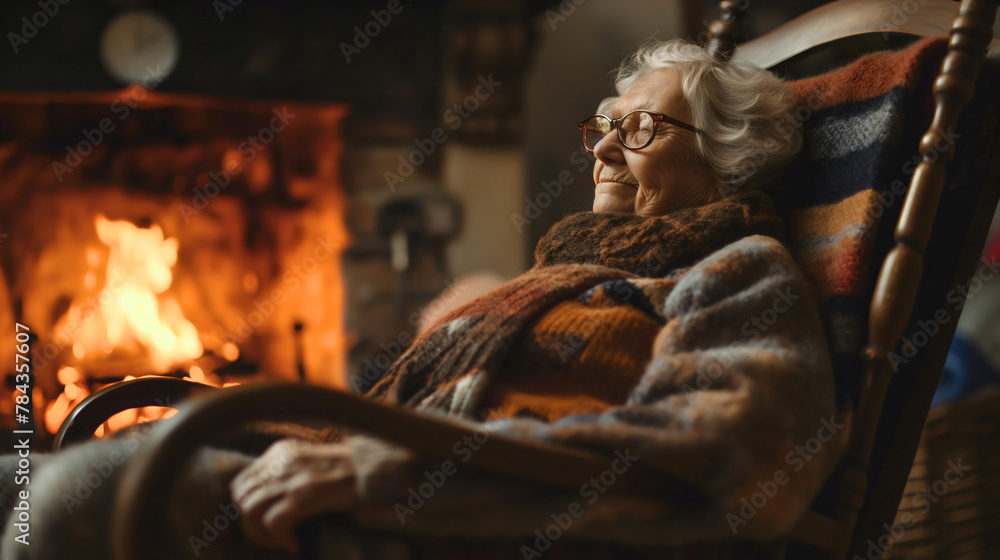 Old senior woman or grandma sleeping in a wooden chair near the fireplace in cozy room interior. Female pensioner retirement leisure and relaxing, wearing sweater, winter holiday, copy space