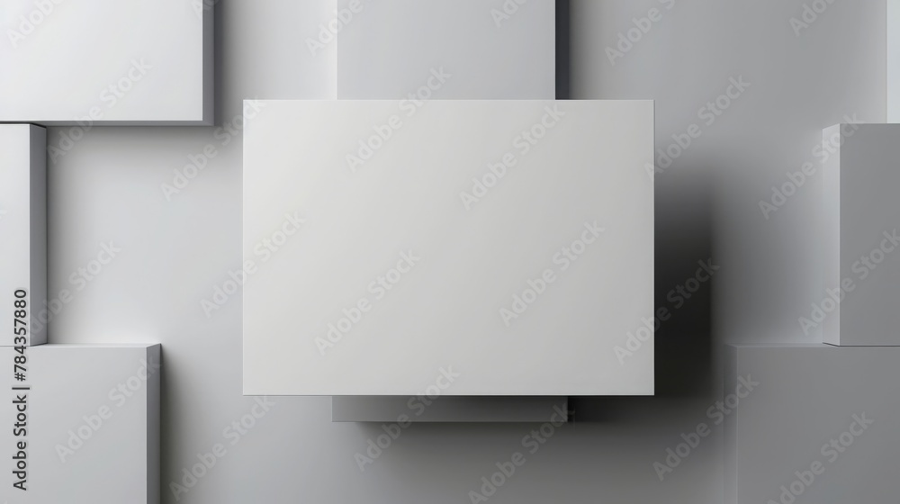 White vertical paper card on grey background, three-dimensional rendering, 3D illustration