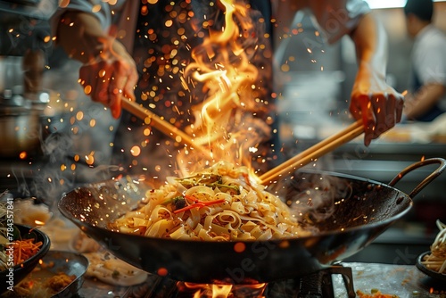 A local chef masterfully stir-frying a traditional Pad Thai in a well-worn wok