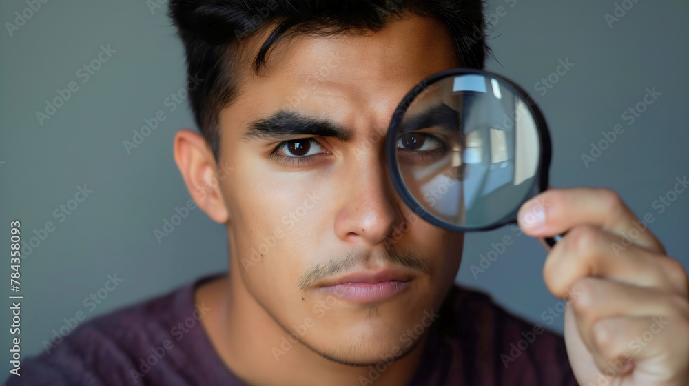 Closeup of young man holding a magnifying glass or loupe magnifier, looking at camera. Detective spy research and discovery concept, investigate analysis. Closeup of young man holding a magnifying glass or loupe magnifier, looking at camera. Detective spy research and discovery concept, investigate analysis.