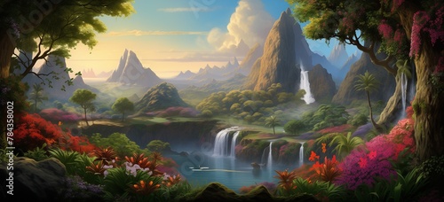 a painting of a river and mountains with lots of flowers